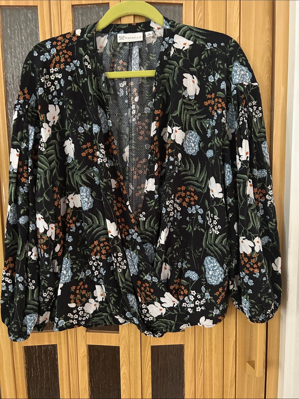 Rafaella Black Floral Wrap Blouse with Blue and White Blooms